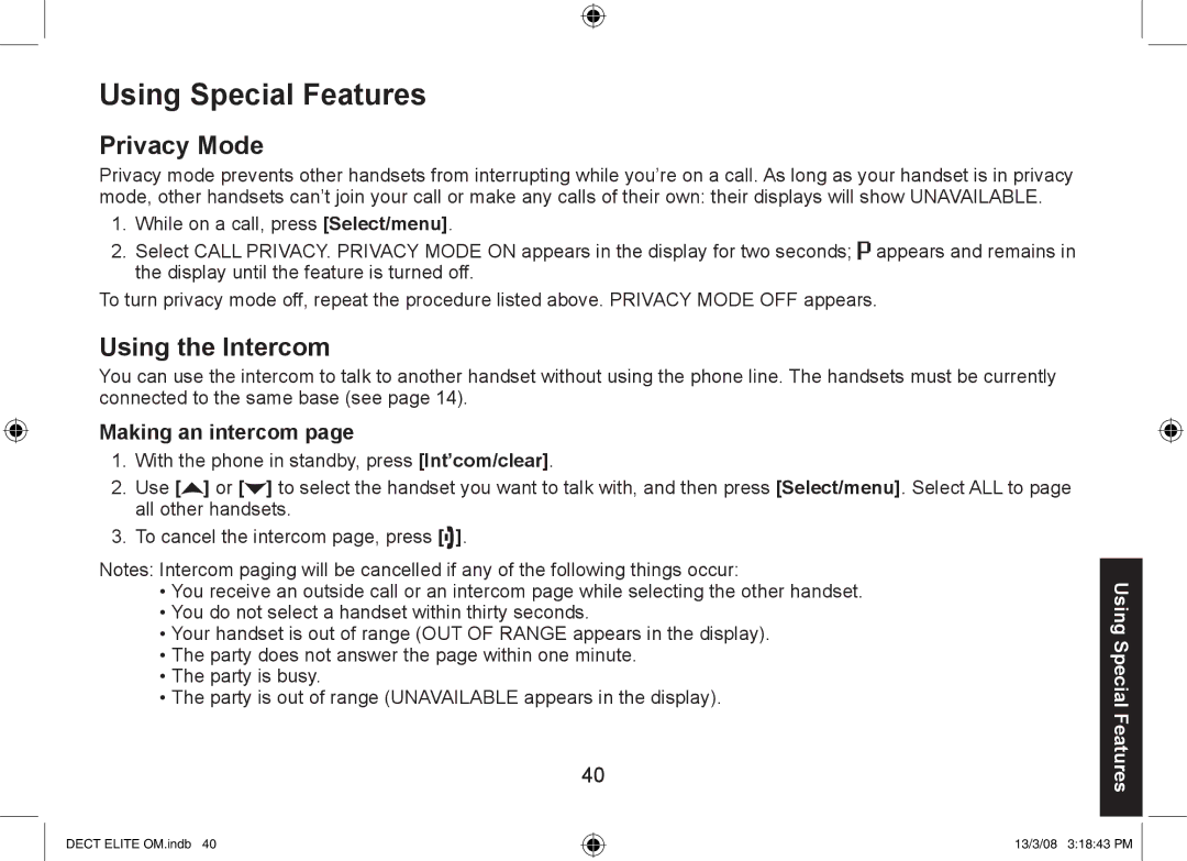 Uniden 9035+1, DECT Elite 9035, 9035+2 manual Using Special Features, Privacy Mode, Using the Intercom, Making an intercom 