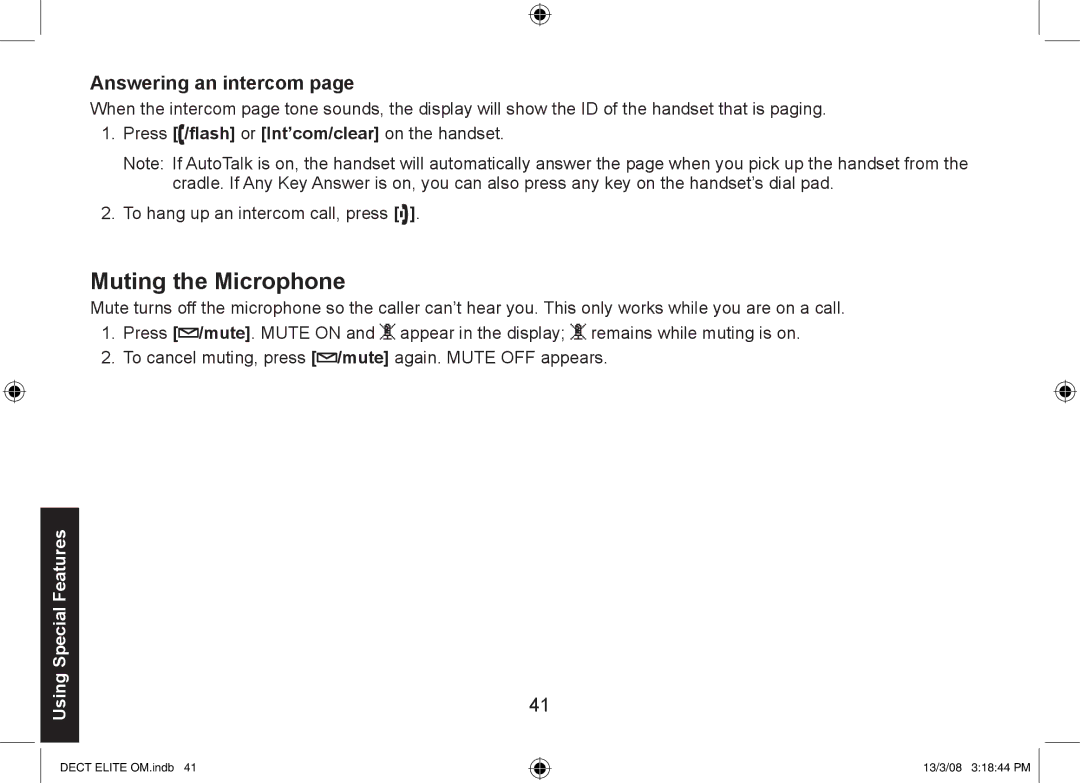 Uniden DECT Elite 9035, 9035+1, 9035+2 manual Muting the Microphone, Answering an intercom 