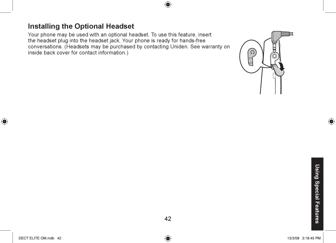 Uniden 9035+2, 9035+1, DECT Elite 9035 manual Installing the Optional Headset 