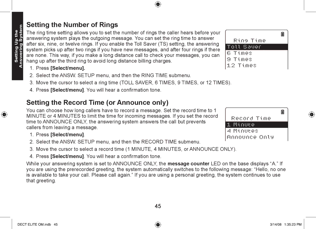 Uniden DECT Elite 9035, 9035+1 Setting the Number of Rings, Setting the Record Time or Announce only, Press Select/menu 