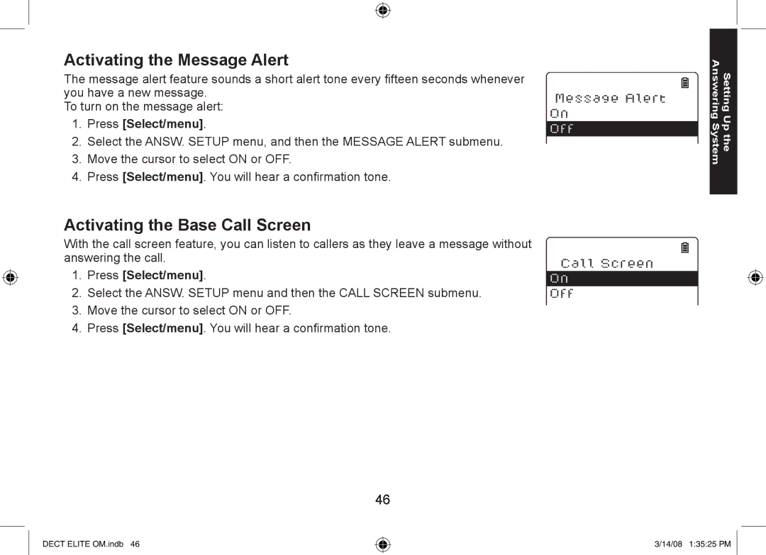 Uniden 9035+2, 9035+1, DECT Elite 9035 manual Activating the Message Alert, Activating the Base Call Screen 