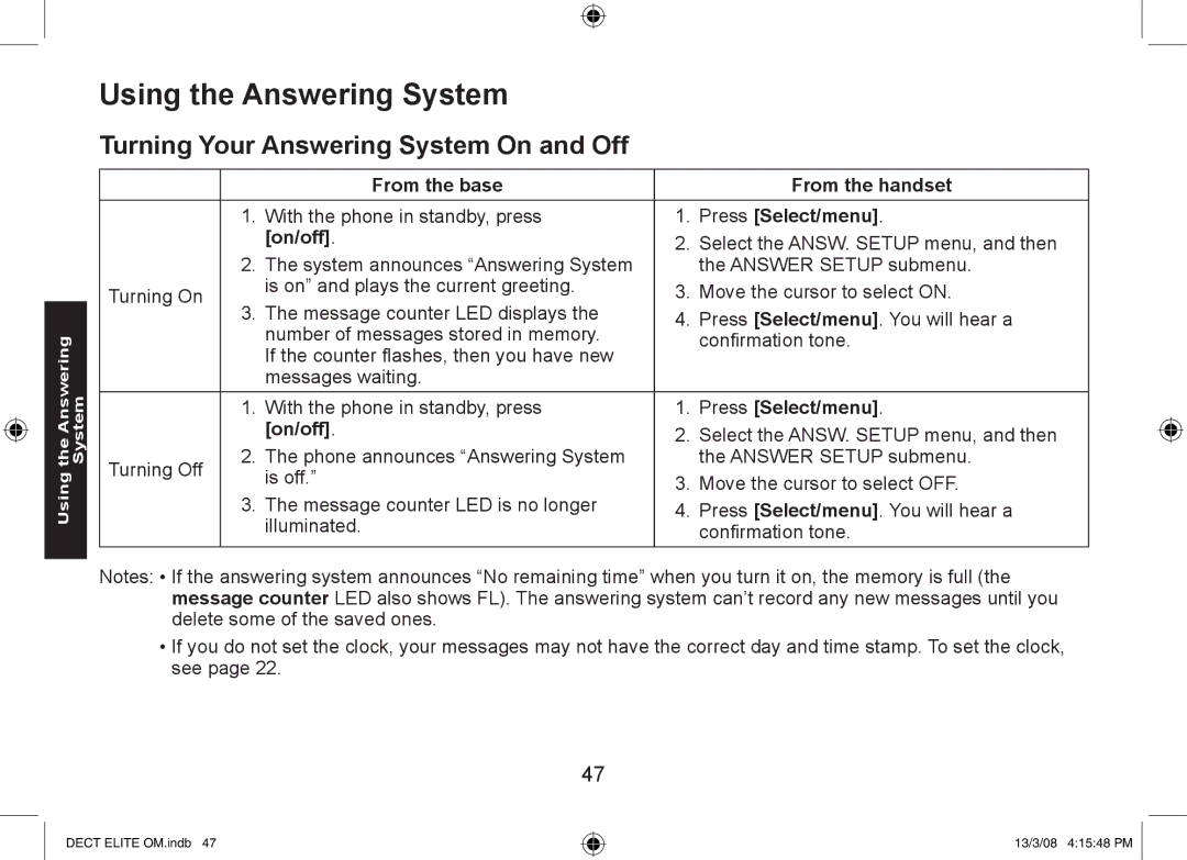 Uniden 9035 Using the Answering System, Turning Your Answering System On and Off, From the base From the handset, On/off 