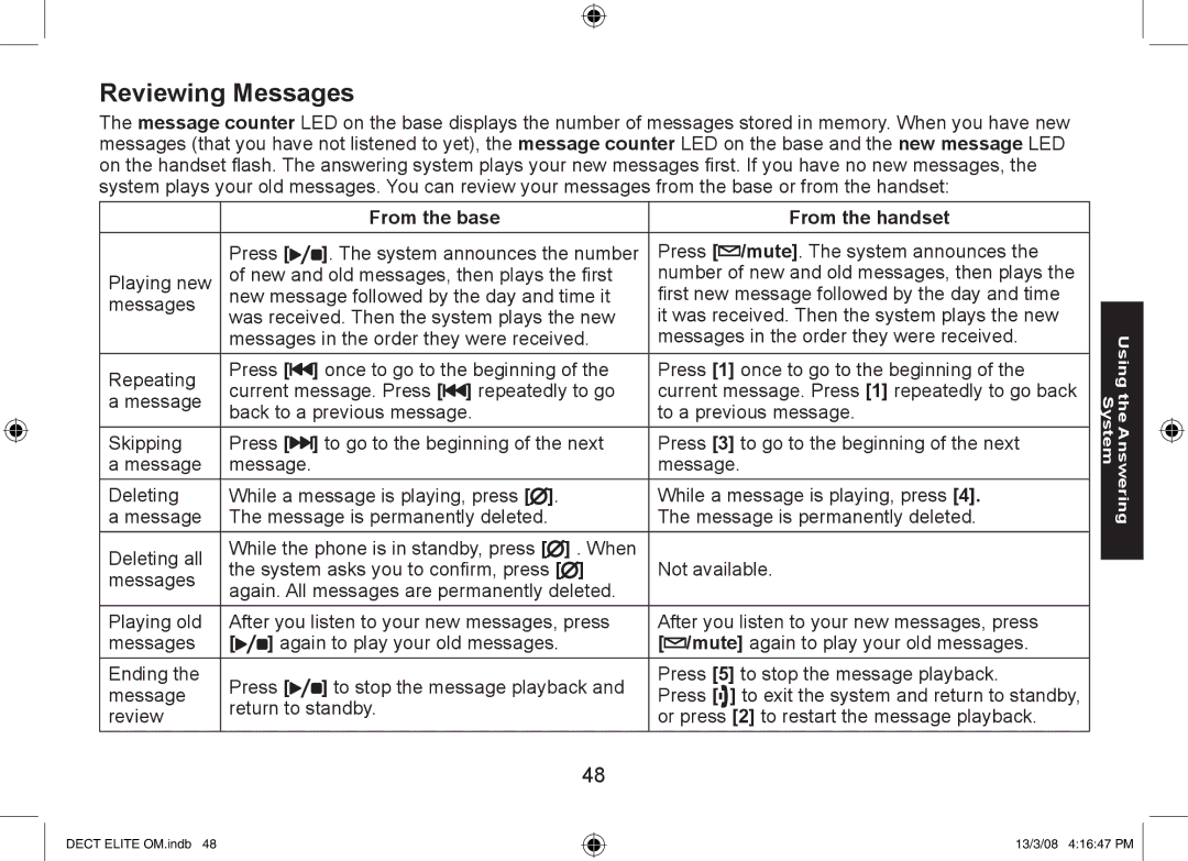 Uniden 9035+1, DECT Elite 9035, 9035+2 manual Reviewing Messages 