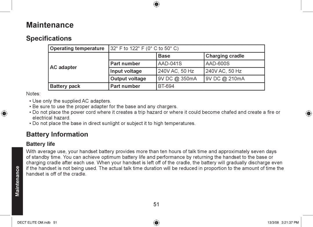 Uniden 9035+1, DECT Elite 9035, 9035+2 manual Maintenance, Specifications, Battery Information, Battery life 