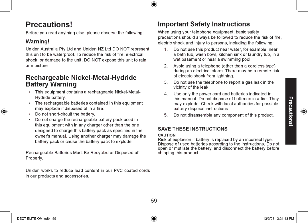 Uniden 9035+1, 9035+2 Precautions, Rechargeable Nickel-Metal-Hydride Battery Warning, Important Safety Instructions 