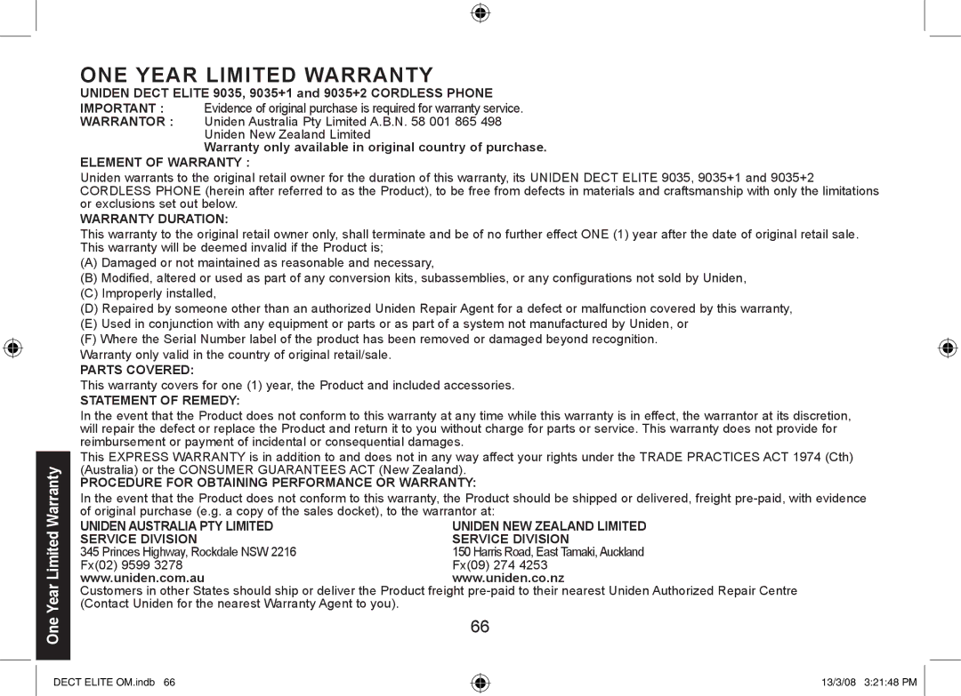 Uniden 9035+2, 9035+1, DECT Elite 9035 manual ONE Year Limited Warranty 