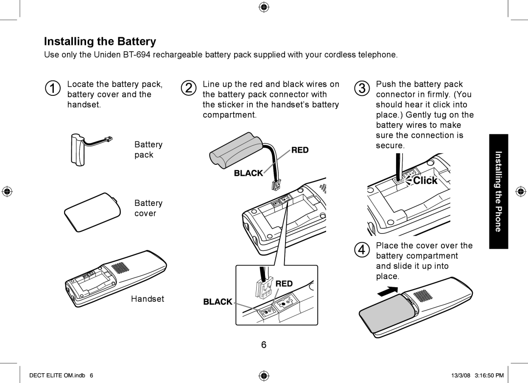 Uniden 9035+2, 9035+1, DECT Elite 9035 manual Installing the Battery 