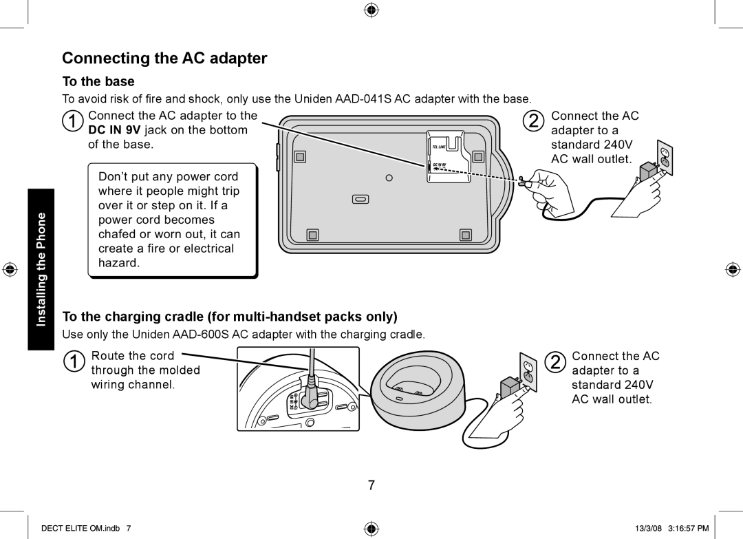 Uniden 9035+1, 9035+2 manual Connecting the AC adapter, To the base, To the charging cradle for multi-handset packs only 