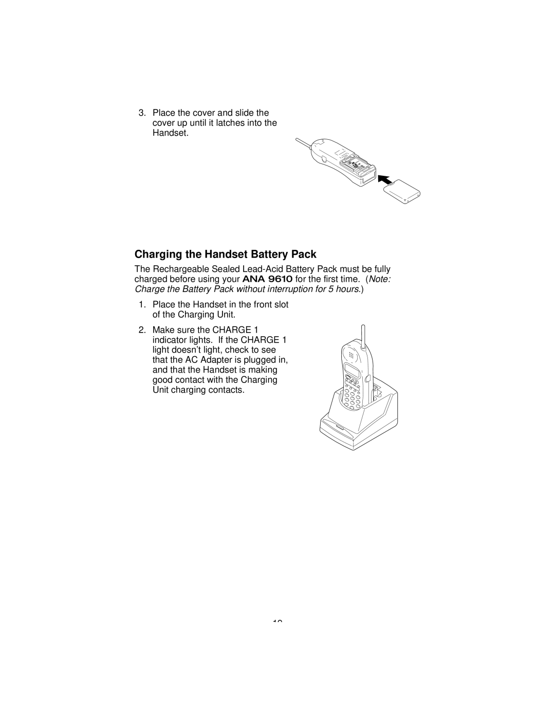 Uniden 9610 manual Charging the Handset Battery Pack 