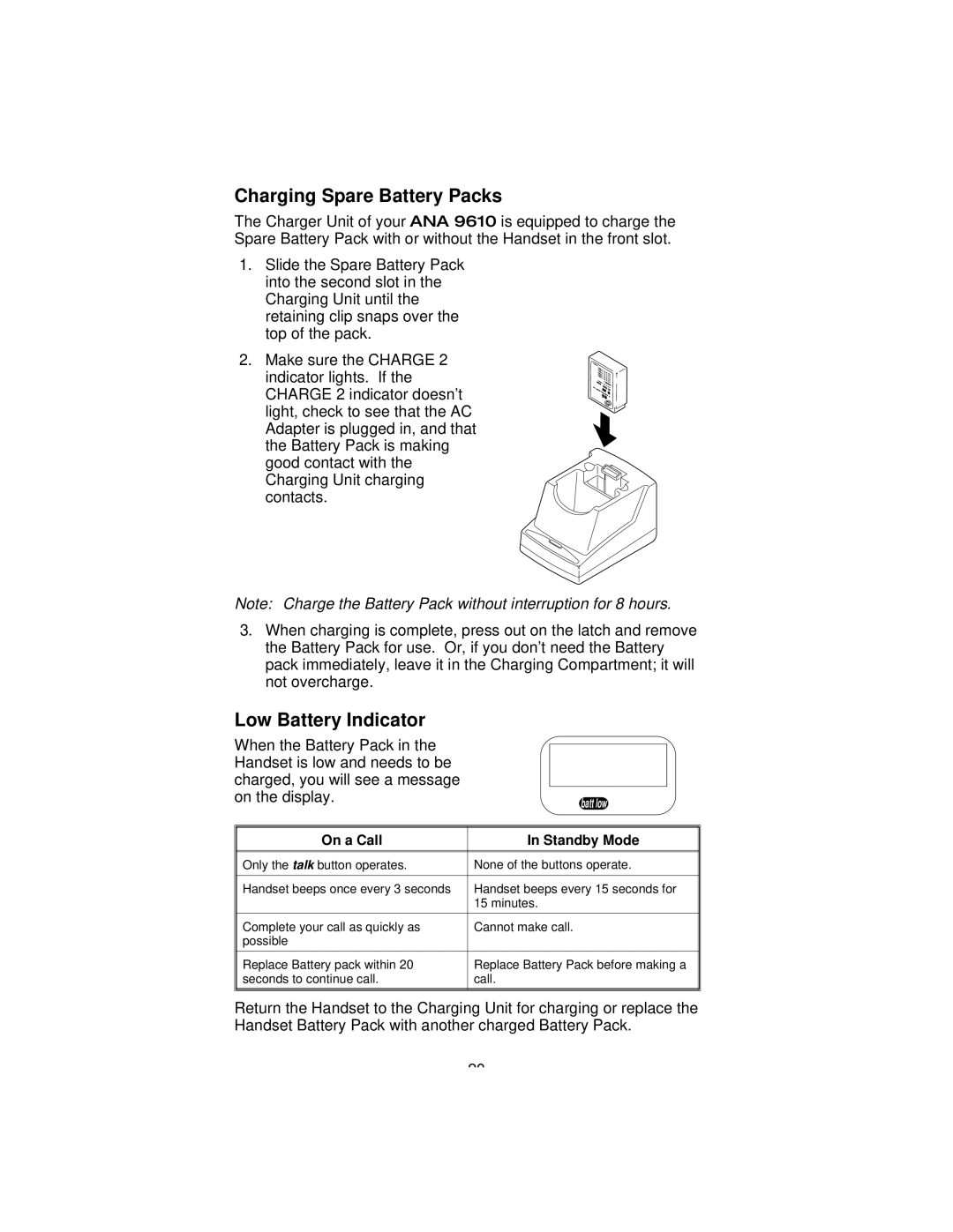 Uniden 9610 manual Charging Spare Battery Packs, Low Battery Indicator 