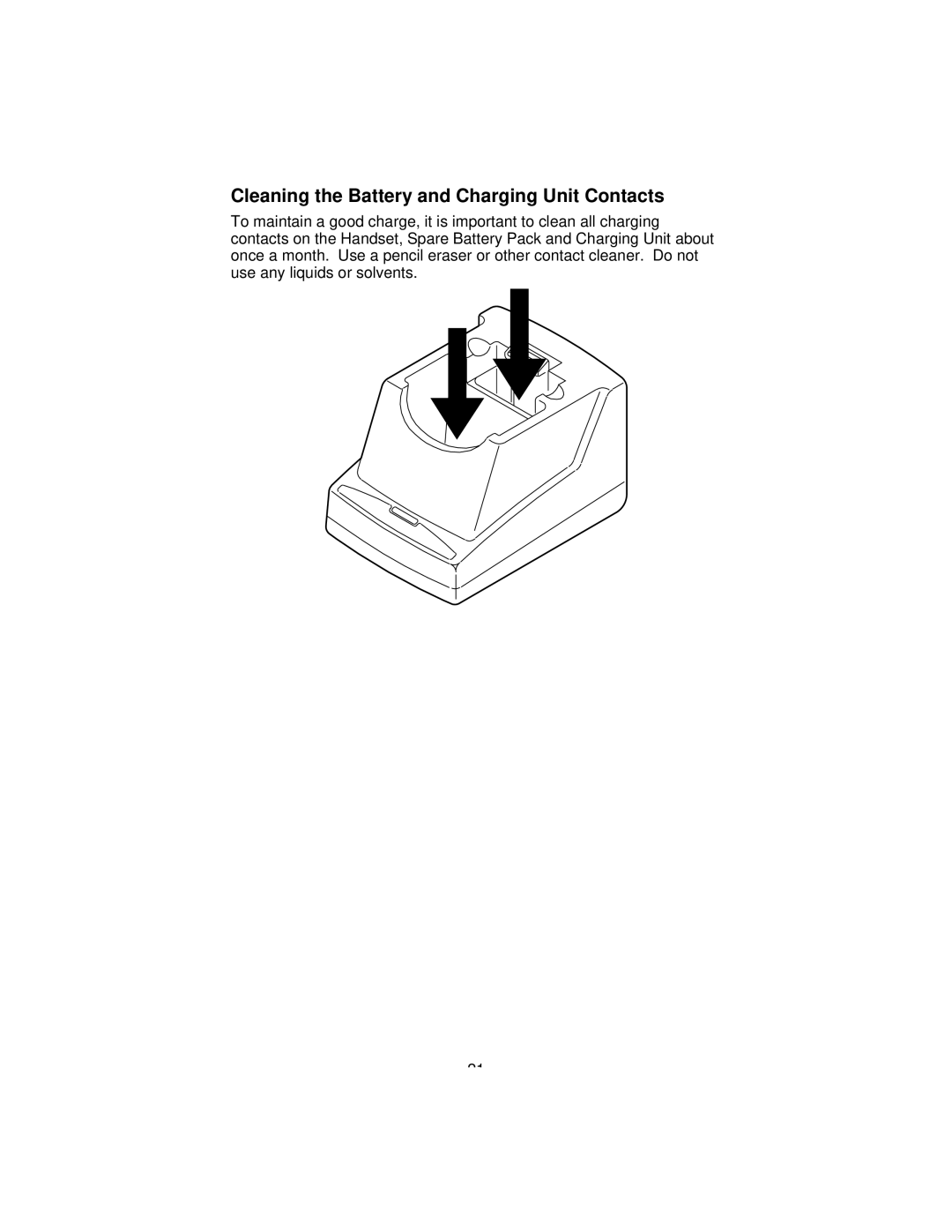 Uniden 9610 manual Cleaning the Battery and Charging Unit Contacts 