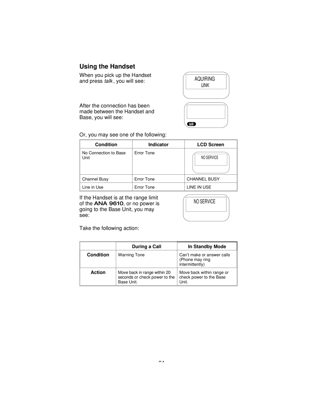 Uniden 9610 manual Using the Handset, Aquiring Link 