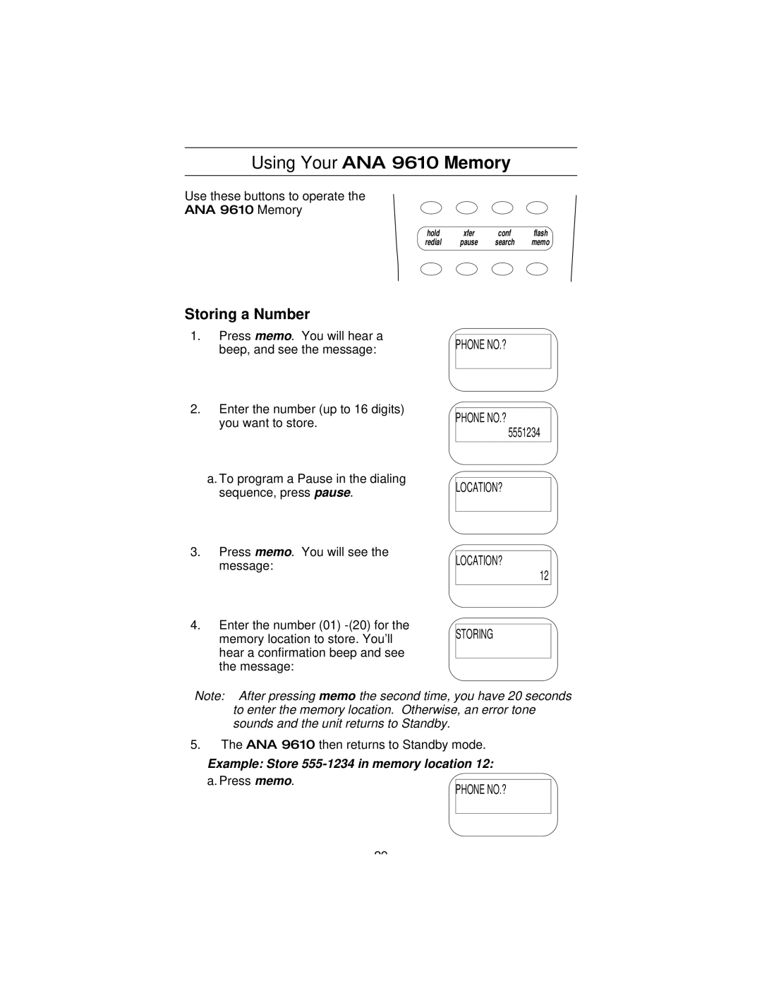 Uniden manual Using Your ANA 9610 Memory, Storing a Number 