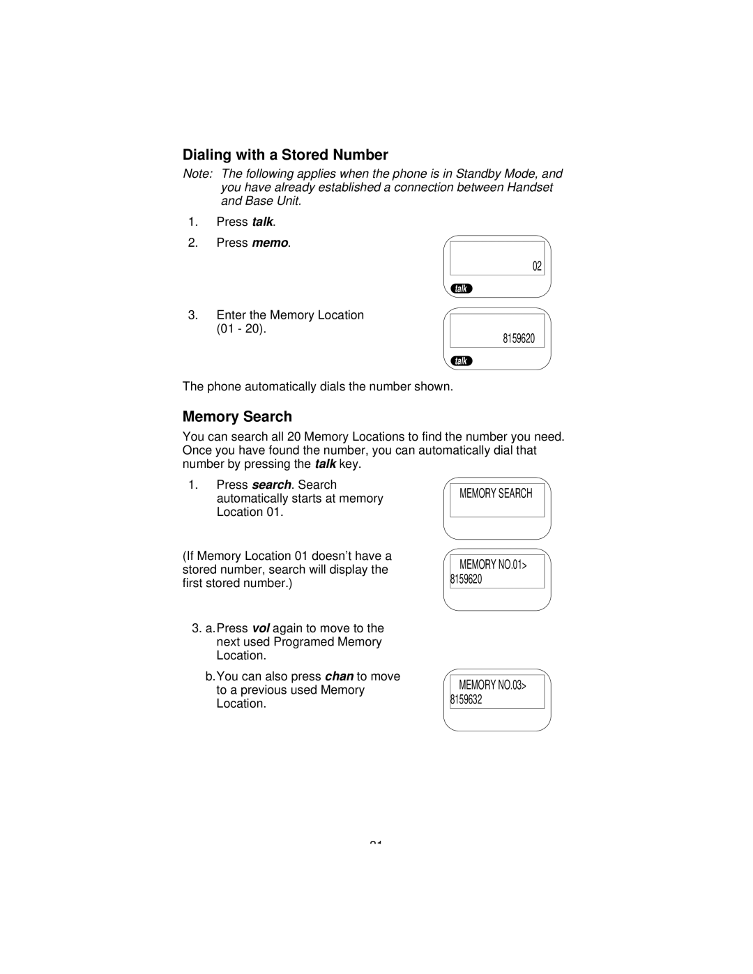 Uniden 9610 manual Dialing with a Stored Number, Memory Search 