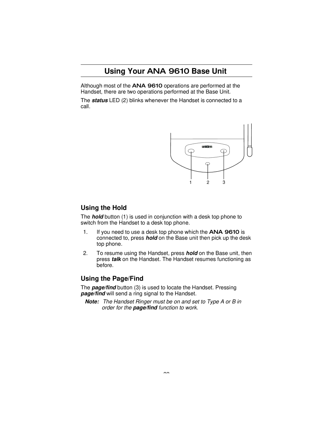 Uniden manual Using Your ANA 9610 Base Unit, Using the Hold, Using the Page/Find 