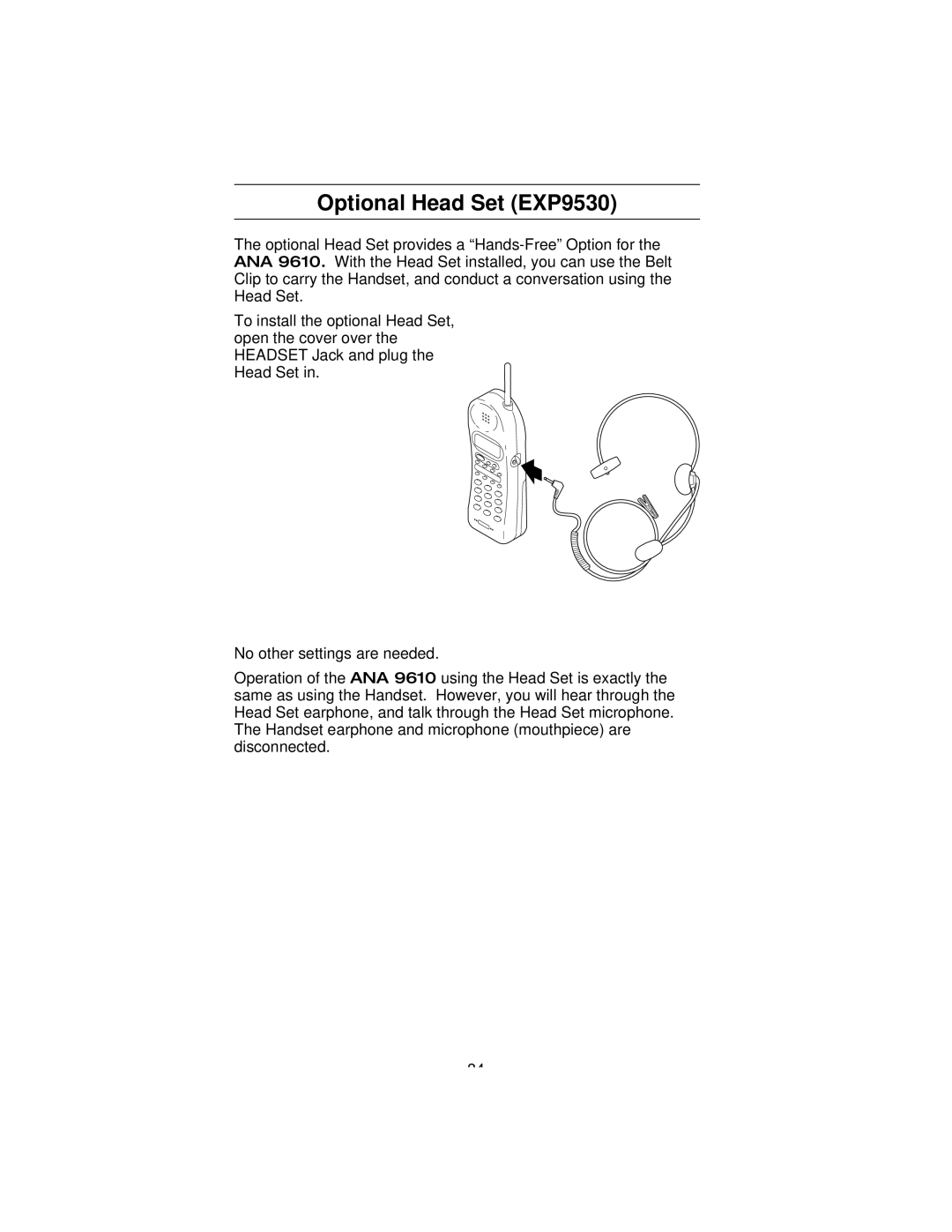 Uniden 9610 manual Optional Head Set EXP9530 