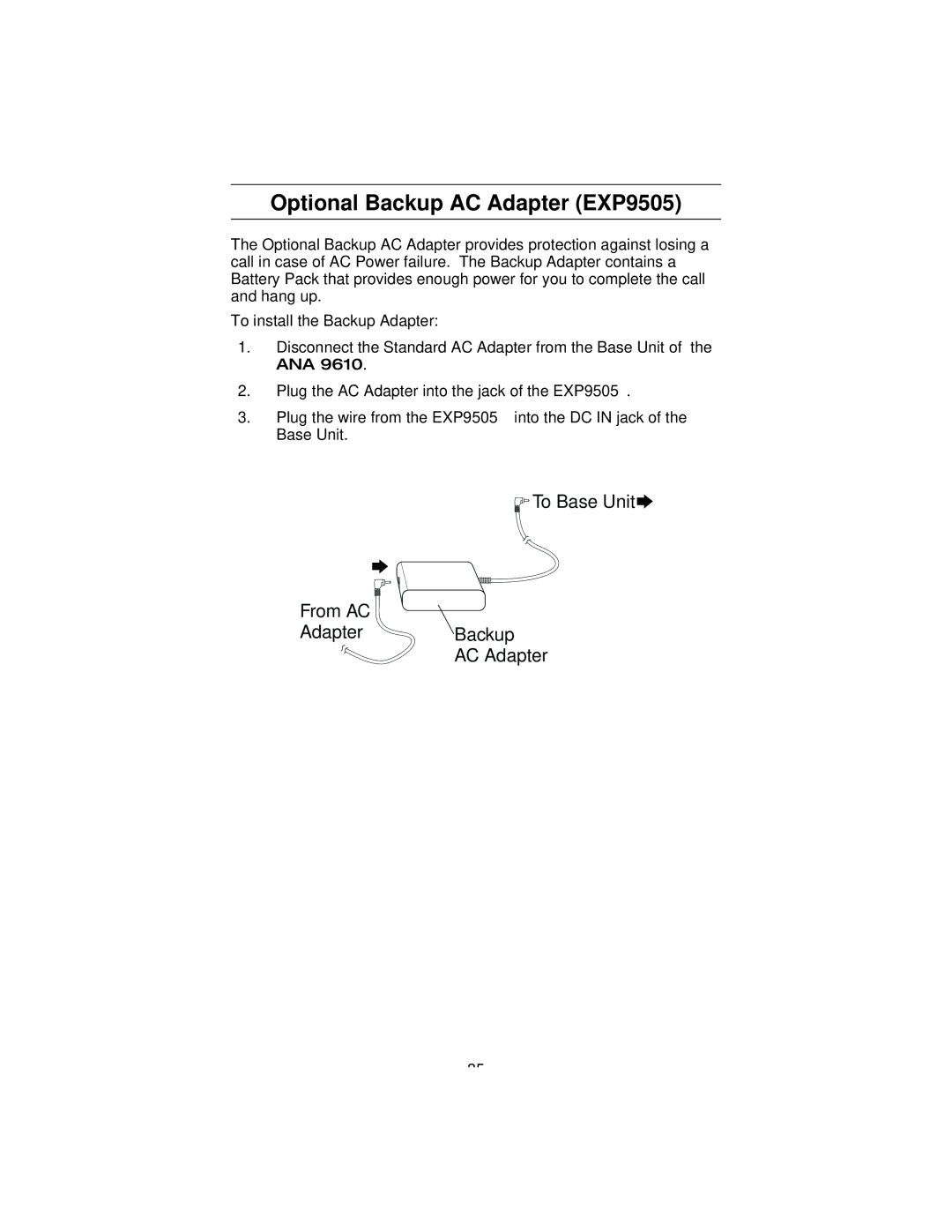 Uniden 9610 manual Optional Backup AC Adapter EXP9505 