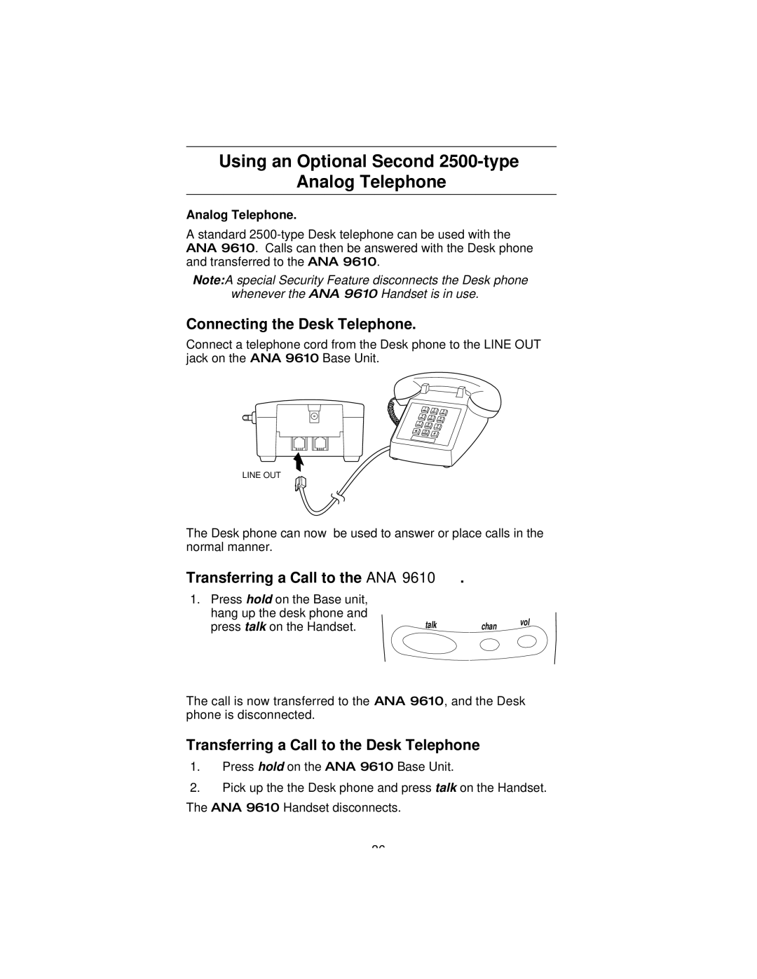 Uniden 9610 manual Using an Optional Second 2500-type Analog Telephone, Connecting the Desk Telephone 