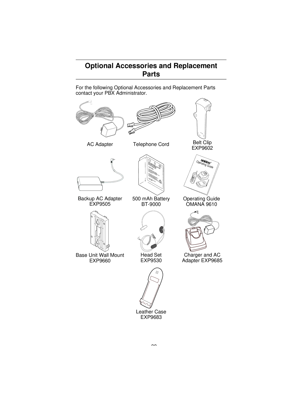 Uniden 9610 manual Optional Accessories and Replacement Parts 