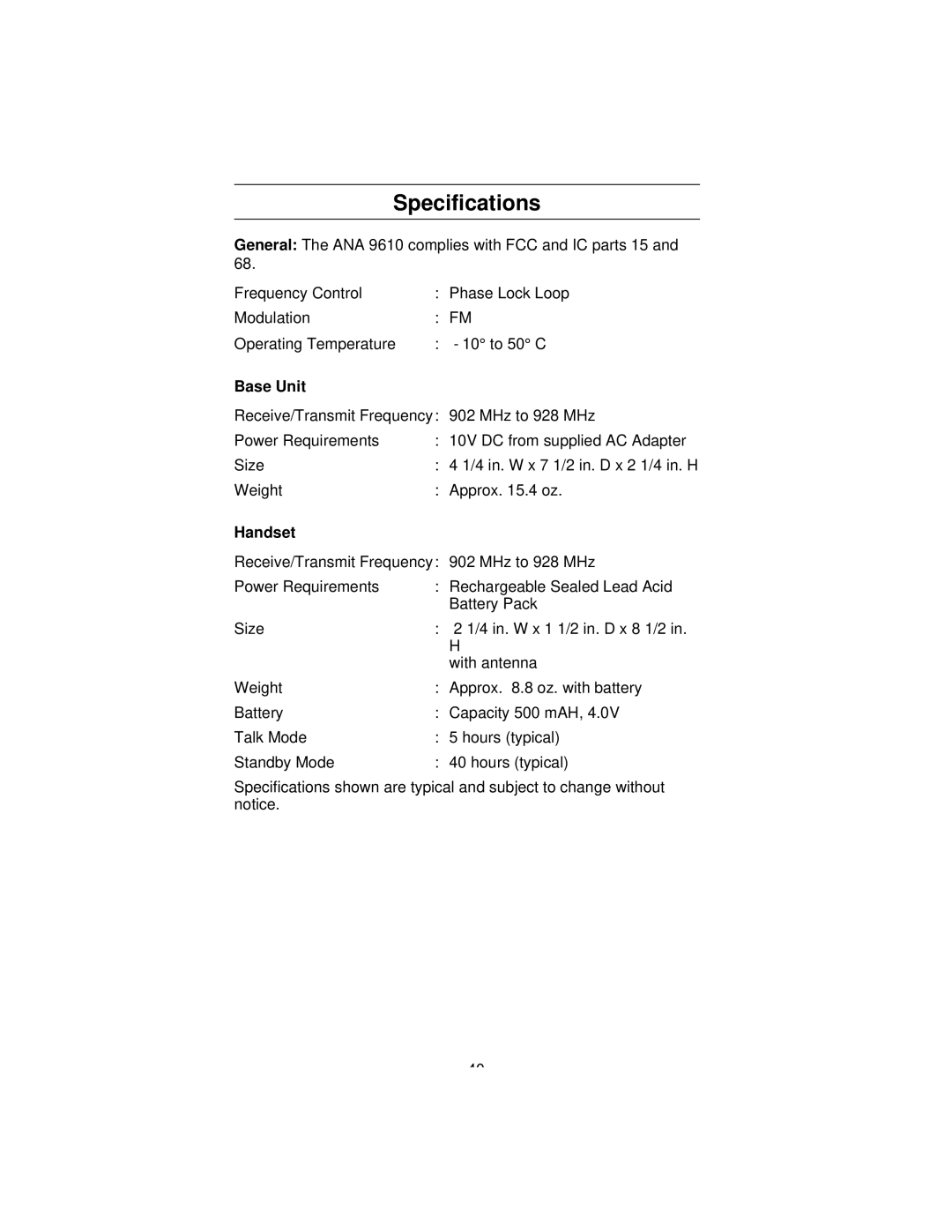 Uniden 9610 manual Specifications, Base Unit 