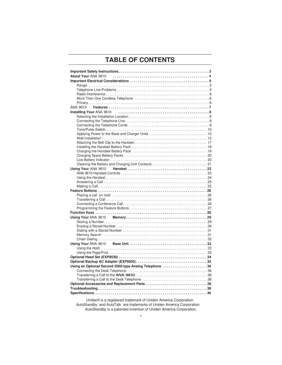 Uniden 9610 manual Table of Contents 