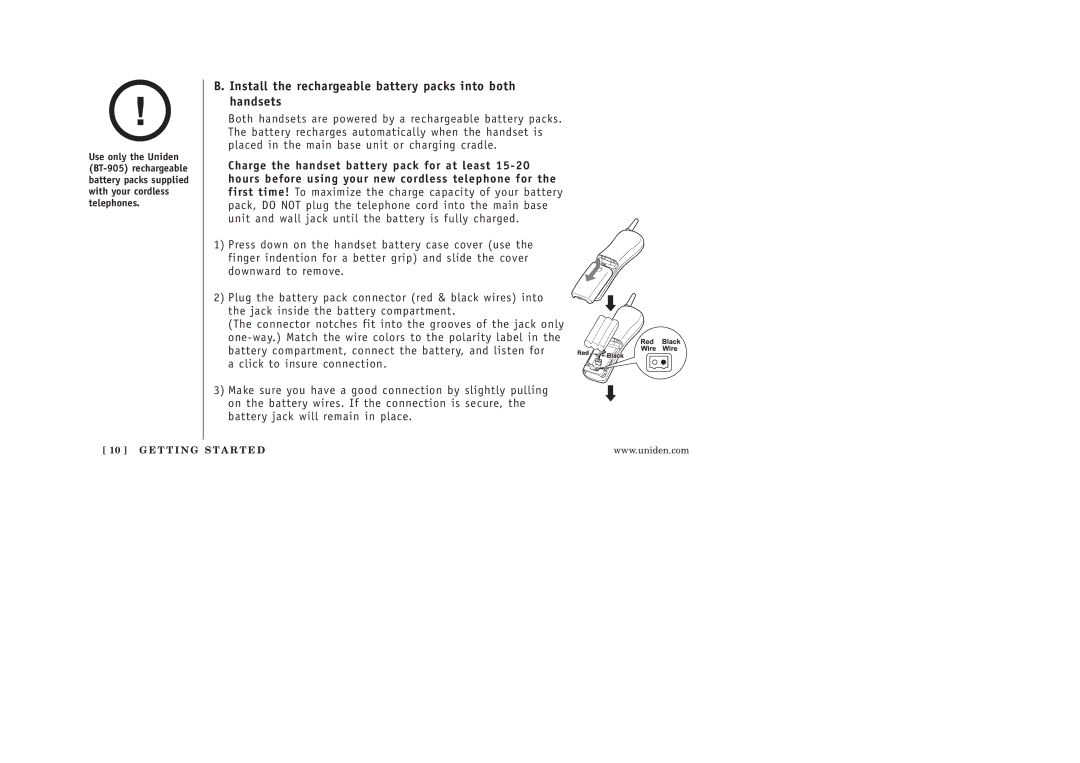 Uniden 986-2 manual Install the rechargeable battery packs into both handsets 