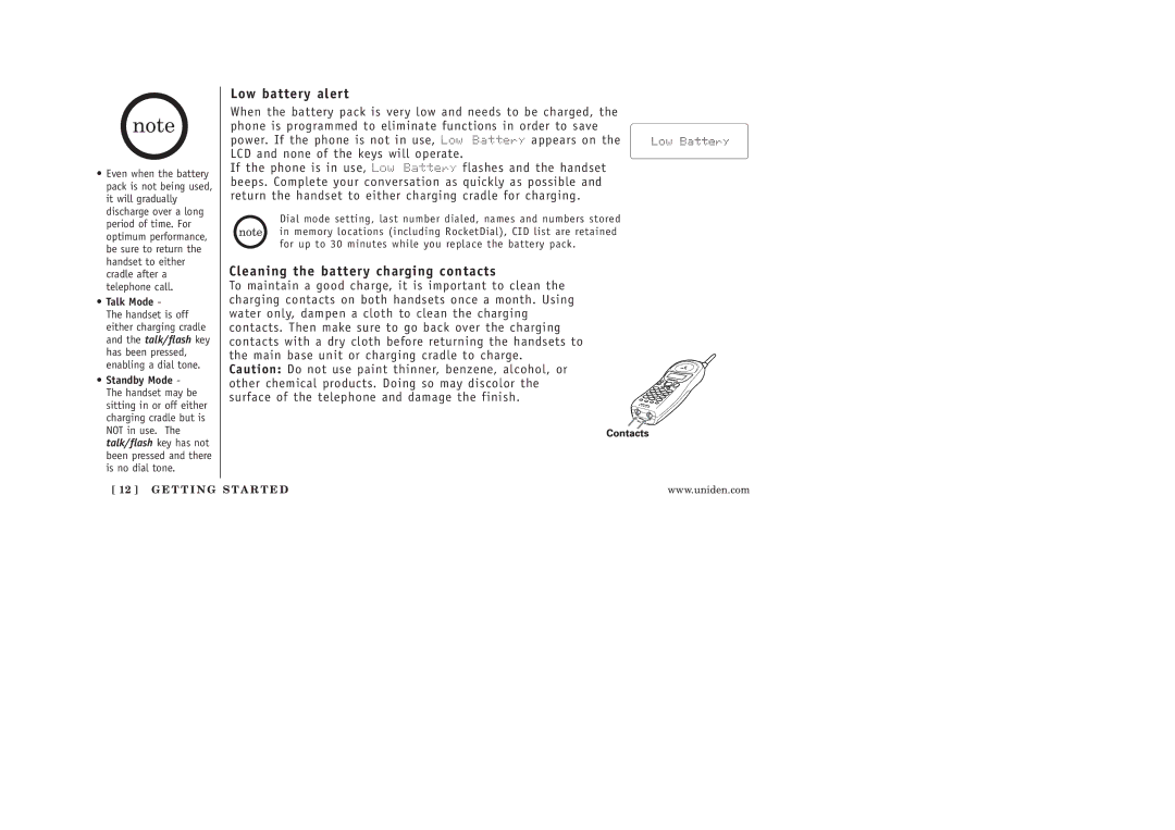 Uniden 986-2 manual Low battery alert, Cleaning the battery charging contacts 