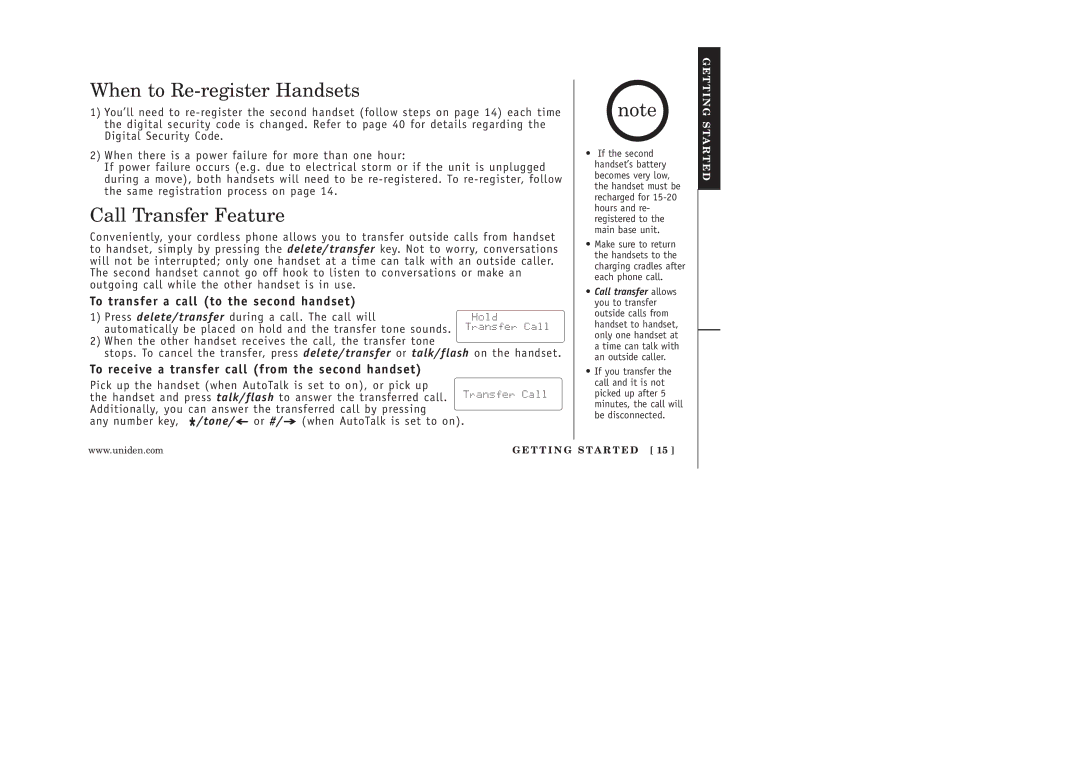 Uniden 986-2 manual When to Re-register Handsets, Call Transfer Feature, To transfer a call to the second handset 