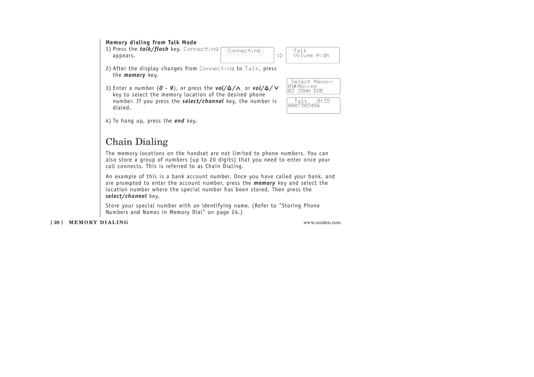 Uniden 986-2 manual Chain Dialing, Memory dialing from Talk Mode 