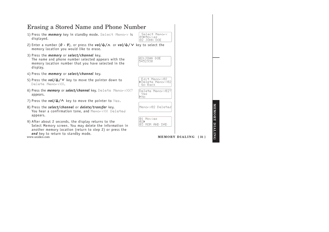 Uniden 986-2 manual Erasing a Stored Name and Phone Number, Press the select/channel or delete/transfer key 