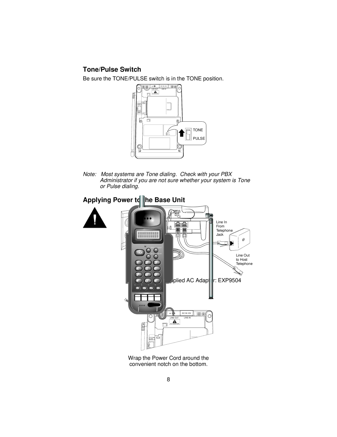 Uniden ANA 9500 manual Tone/Pulse Switch, Applying Power to the Base Unit 