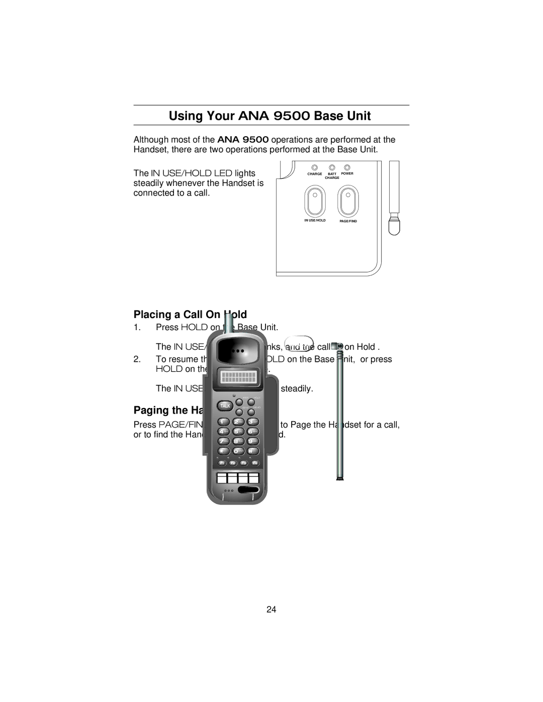 Uniden manual Using Your ANA 9500 Base Unit, Paging the Handset 