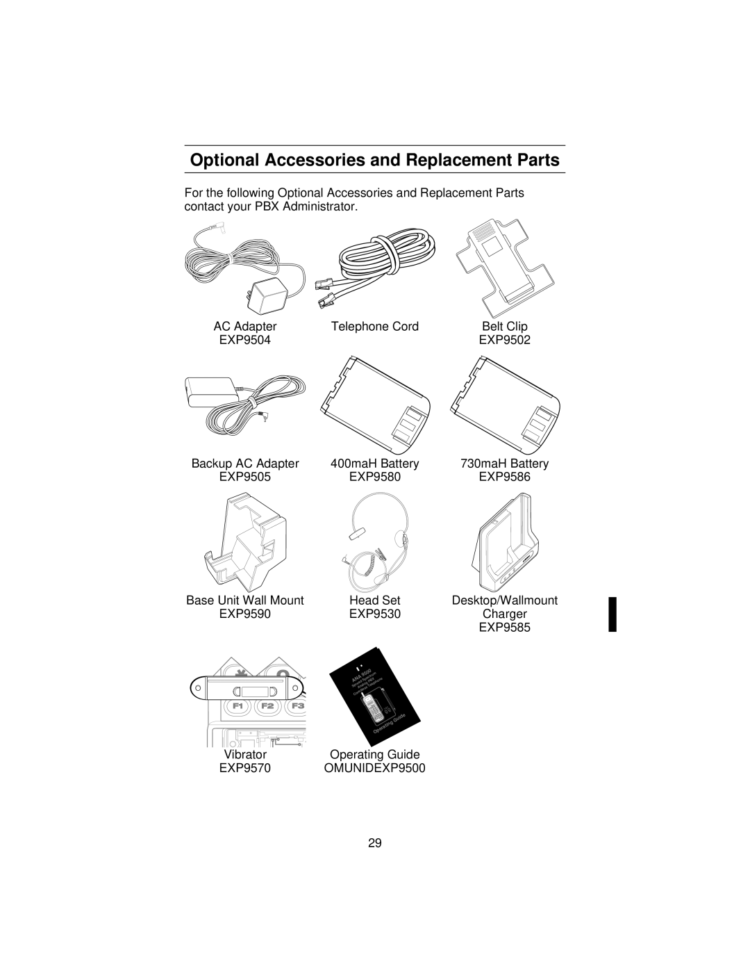 Uniden ANA 9500 manual Optional Accessories and Replacement Parts, Head Set Desktop/Wallmount EXP9530 Charger EXP9585 