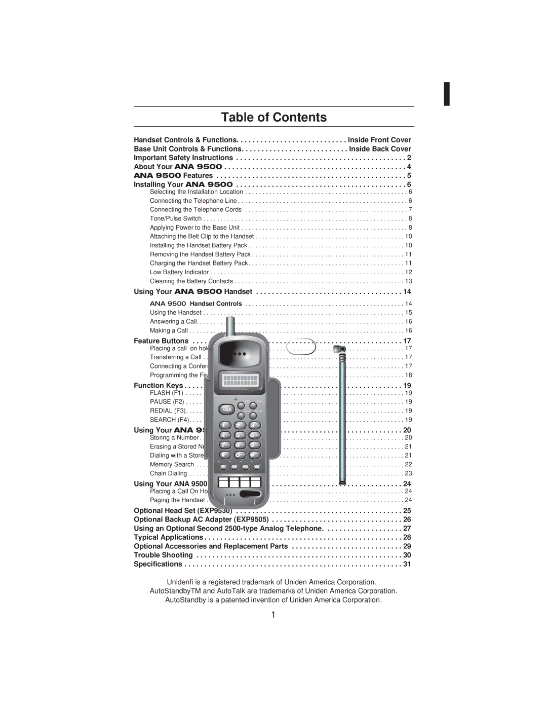 Uniden ANA 9500 manual Table of Contents 