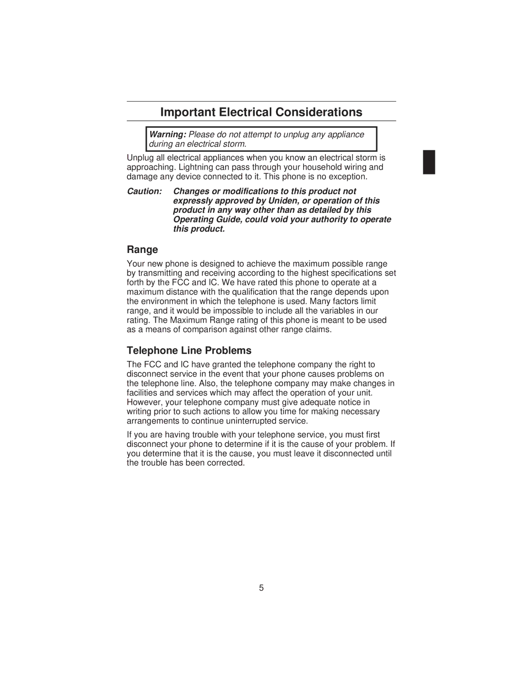 Uniden ANA 9710 manual Important Electrical Considerations, Range, Telephone Line Problems 