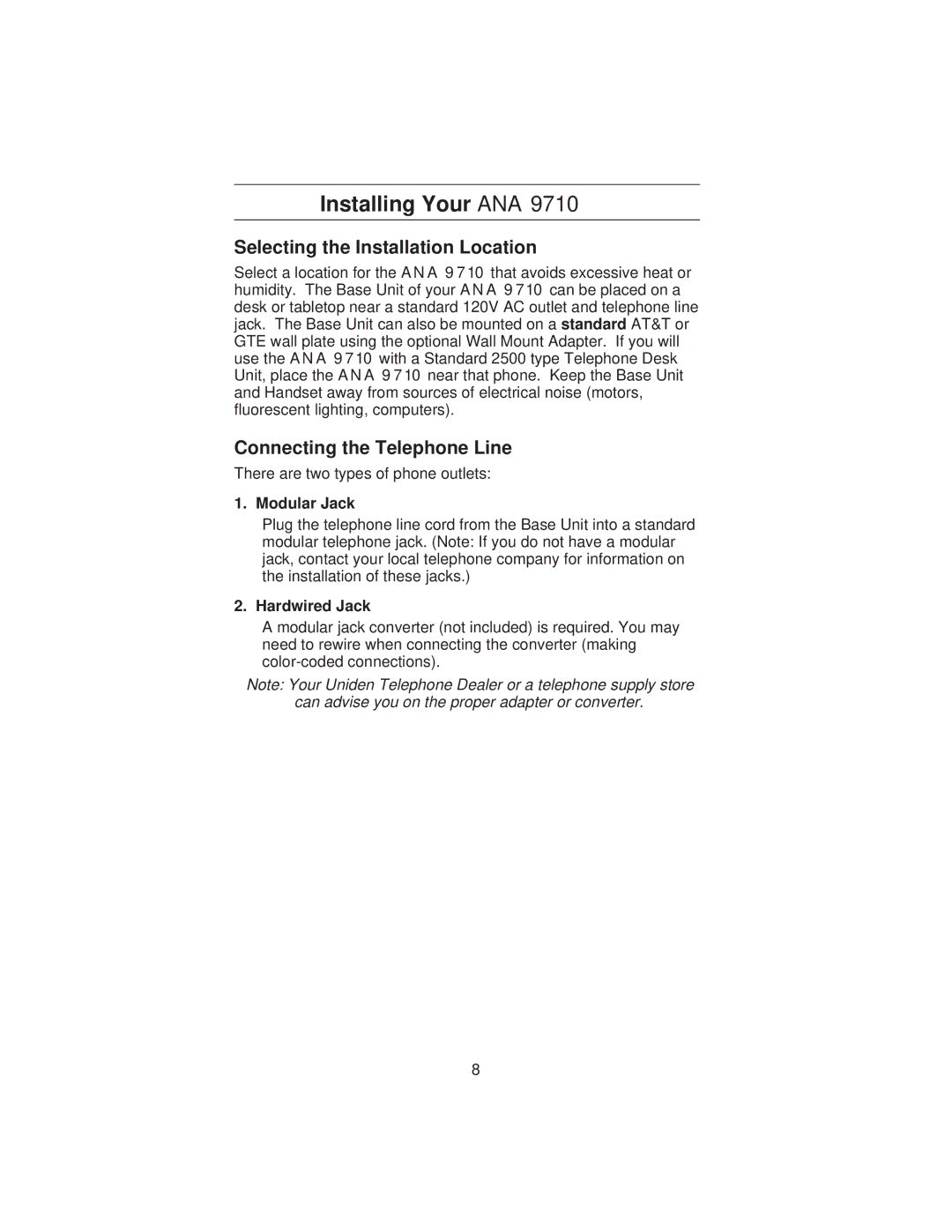 Uniden ANA 9710 Installing Your ANA, Selecting the Installation Location, Connecting the Telephone Line, Modular Jack 