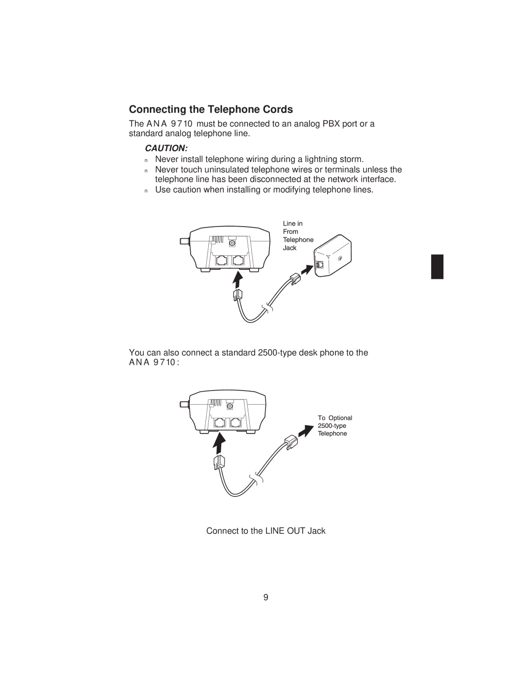 Uniden ANA 9710 manual Connecting the Telephone Cords 