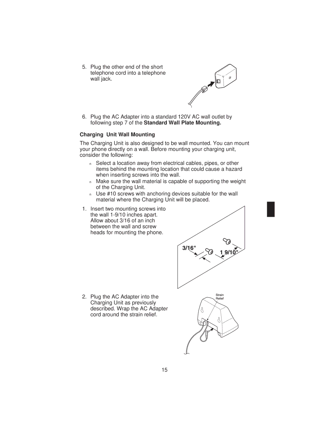 Uniden ANA 9710 manual Charging Unit Wall Mounting 