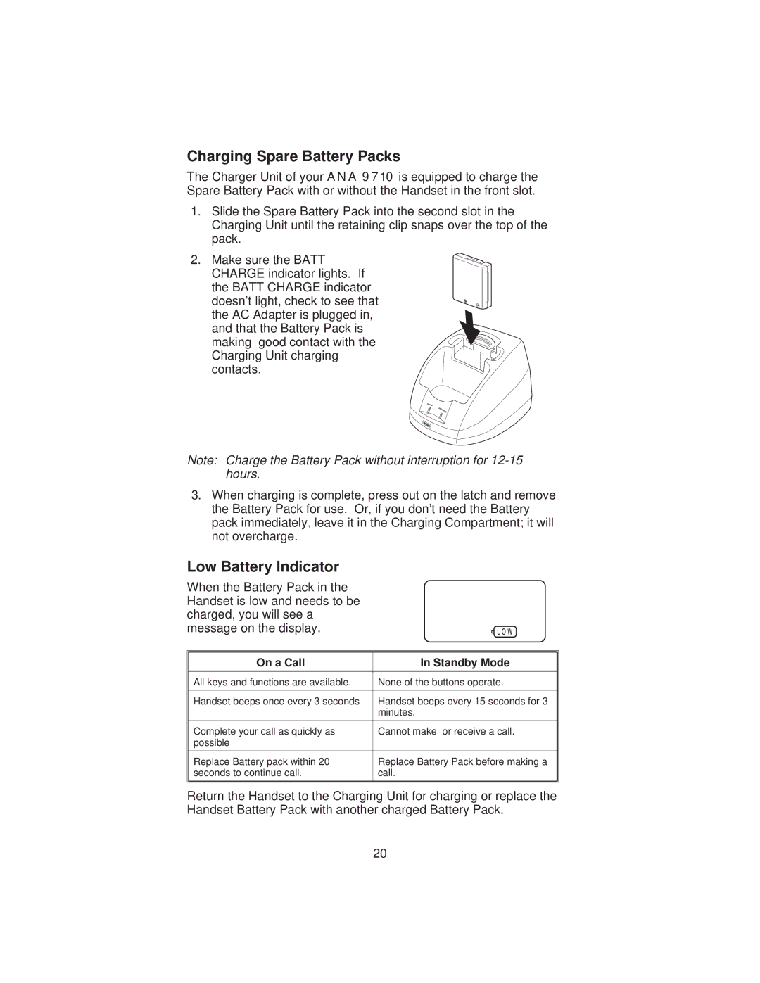 Uniden ANA 9710 manual Charging Spare Battery Packs, Low Battery Indicator 