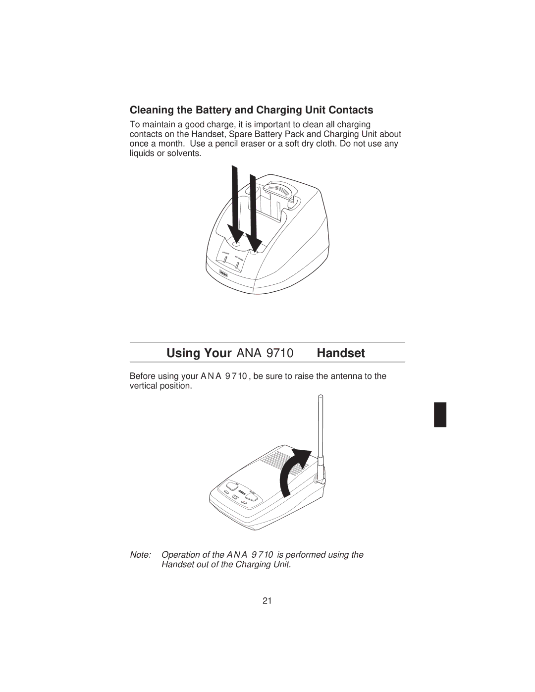 Uniden manual Using Your ANA 9710 Handset, Cleaning the Battery and Charging Unit Contacts 