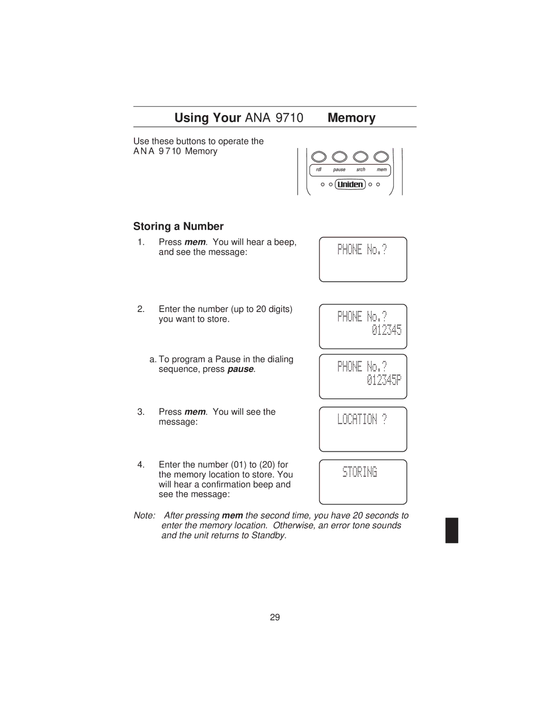 Uniden manual Using Your ANA 9710 Memory, Storing a Number 