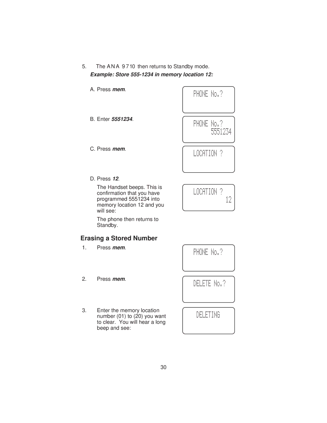 Uniden ANA 9710 manual Erasing a Stored Number, Example Store 555-1234 in memory location 