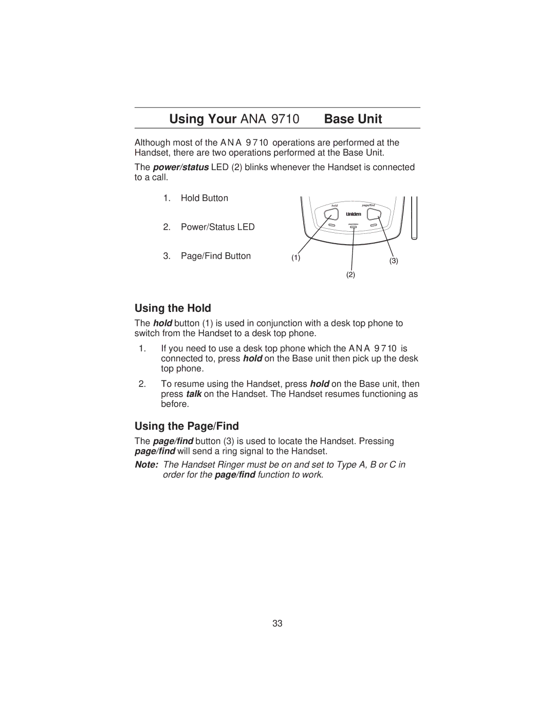 Uniden manual Using Your ANA 9710 Base Unit, Using the Hold, Using the Page/Find 