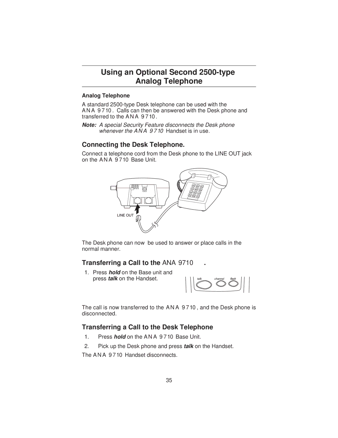 Uniden ANA 9710 manual Using an Optional Second 2500-type Analog Telephone, Connecting the Desk Telephone 