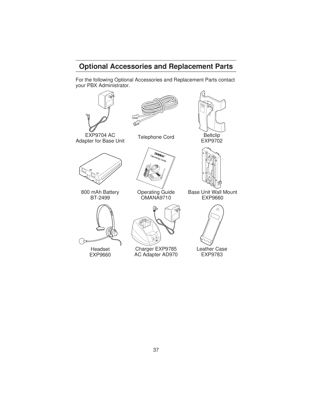 Uniden ANA 9710 manual Optional Accessories and Replacement Parts 