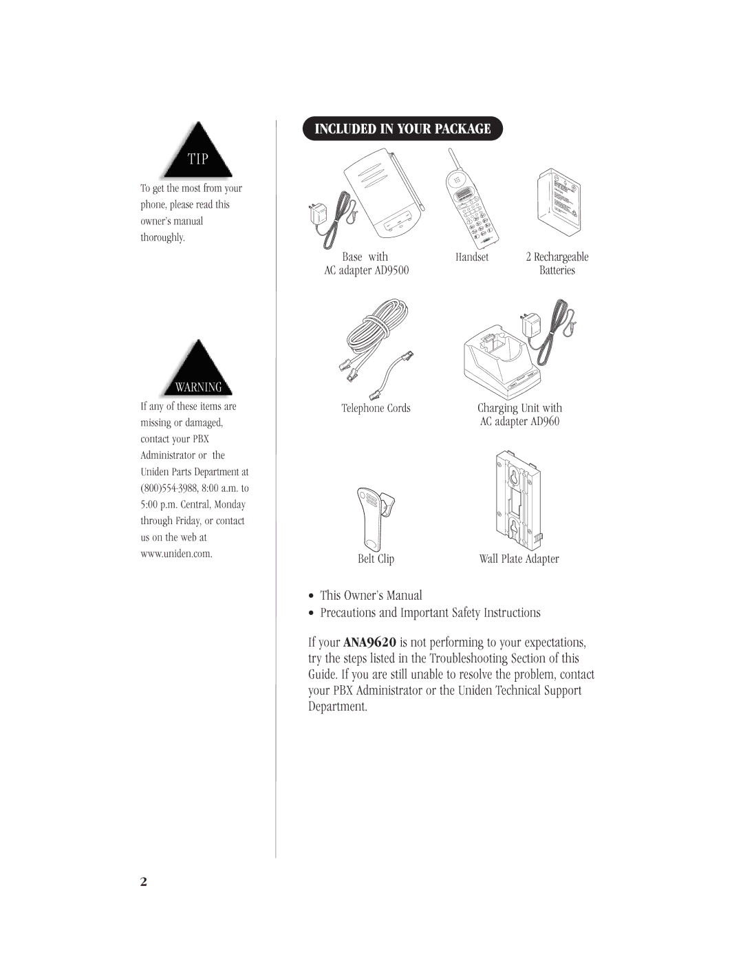 Uniden ANA9620 manual BeltClip 