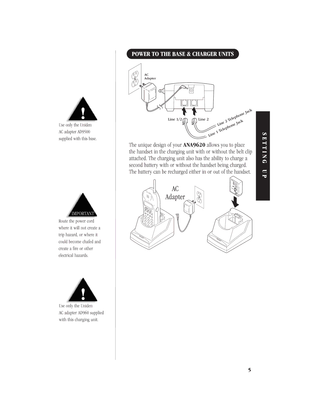 Uniden ANA9620 manual WithACUseadapteronlythisthechargingAD960Uniden! suppliedunit 