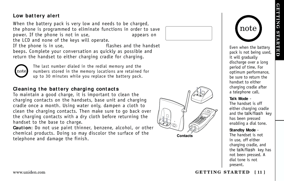 Uniden Answering Machine manual Low battery alert, Cleaning the battery charging contacts 