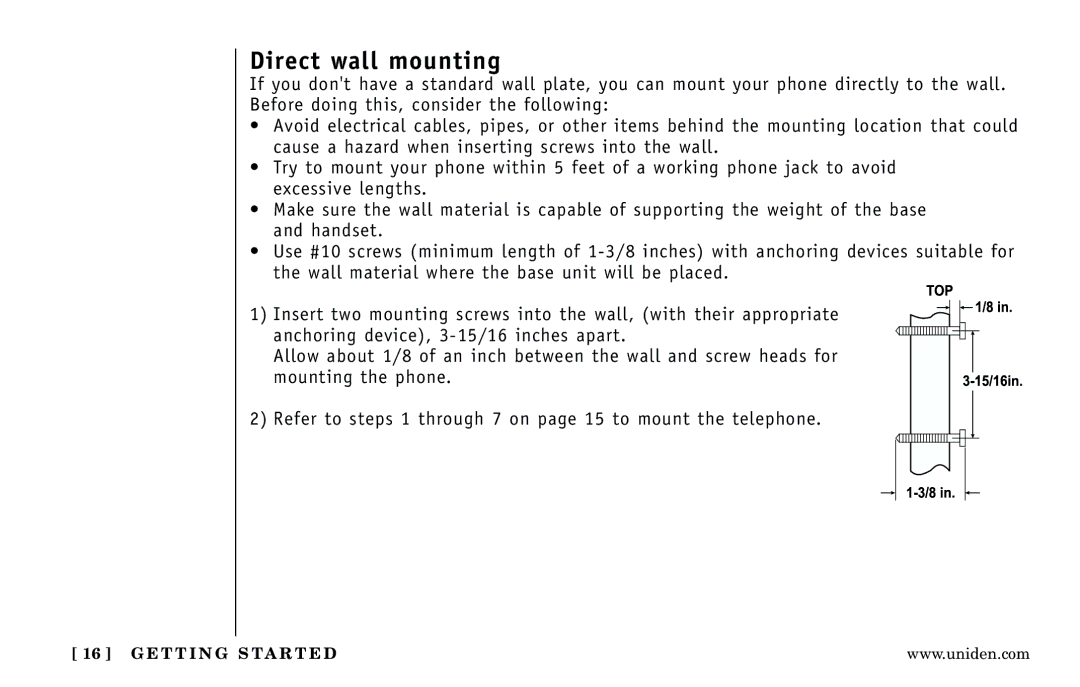 Uniden Answering Machine manual Direct wall mounting 