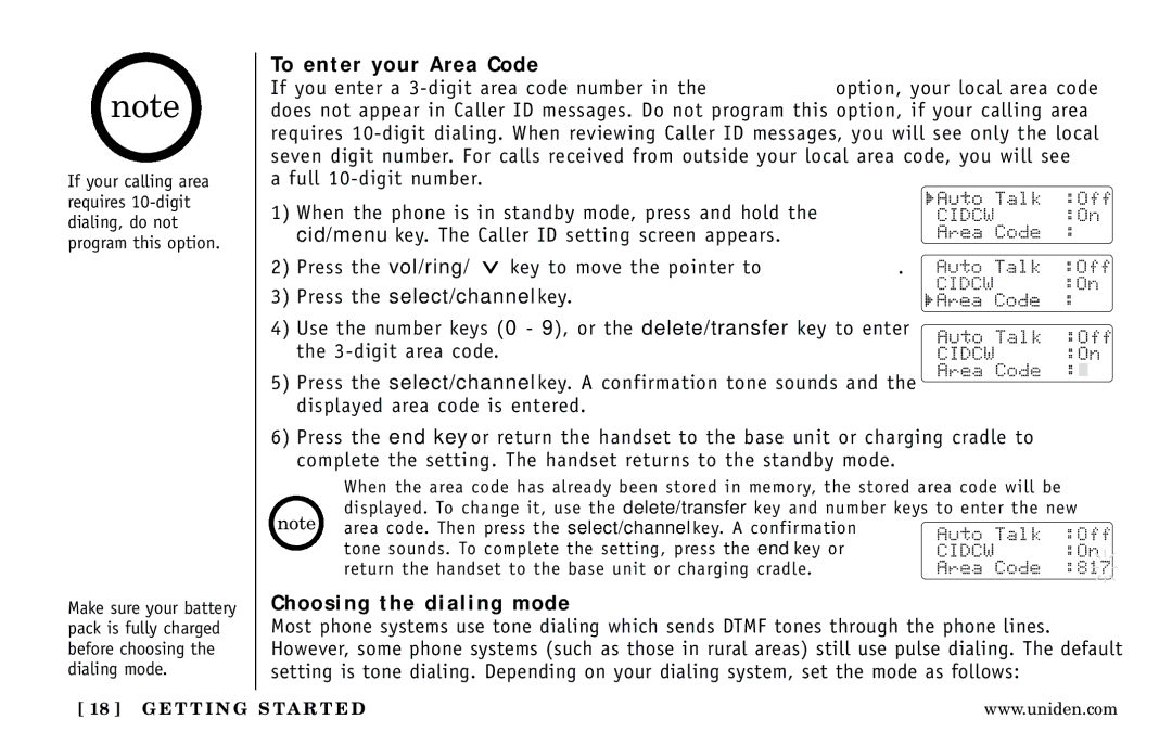 Uniden Answering Machine manual To enter your Area Code, Choosing the dialing mode 